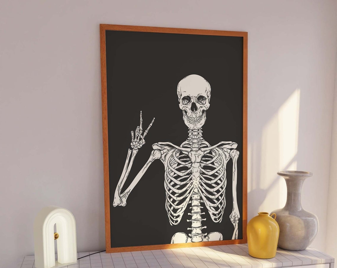 Funny Skeleton Peace Sign Charcoal Gray Background Art Poster