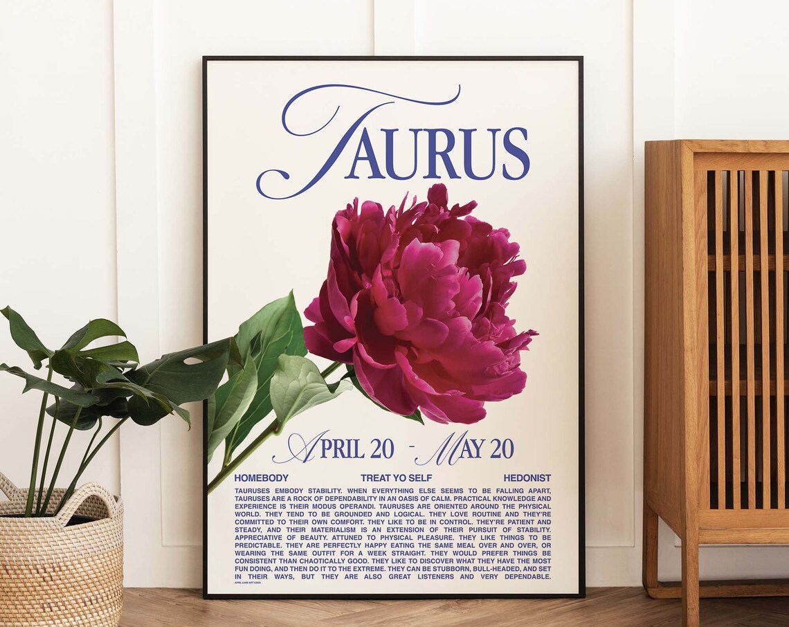 Taurus Zodiac Sign Peony Flower Retro Astrology Star Sign Personality Poster