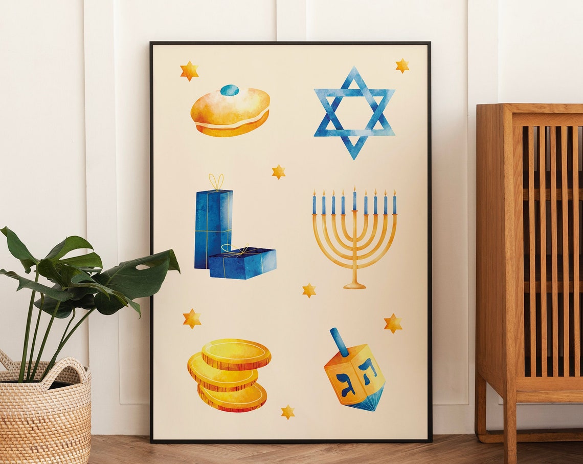 Hanukkah Symbols Menorah Dreidel Donut Watercolor Holiday Poster - Image 5