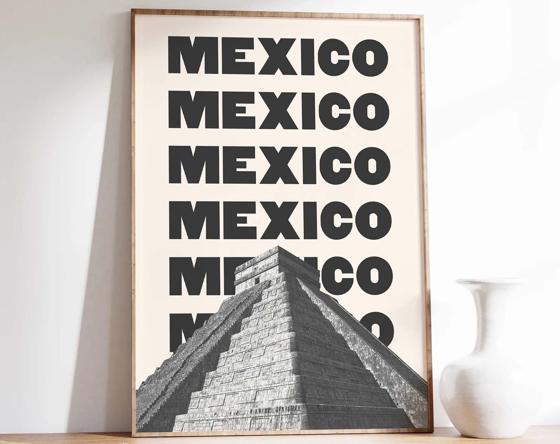 Mexico Repeated Text With Mayan Pyramid Black And White Travel Poster