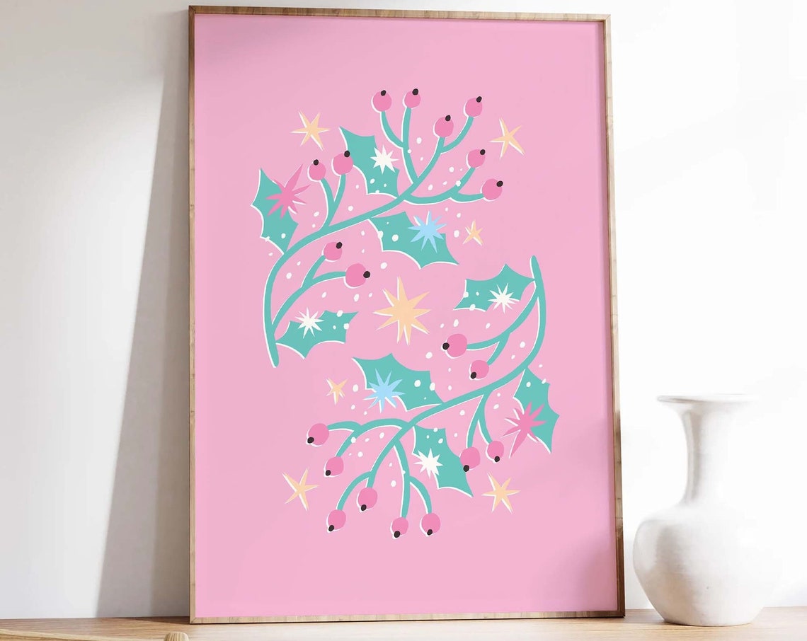 Pink Holly Branch with Berries Retro Christmas Botanical Poster