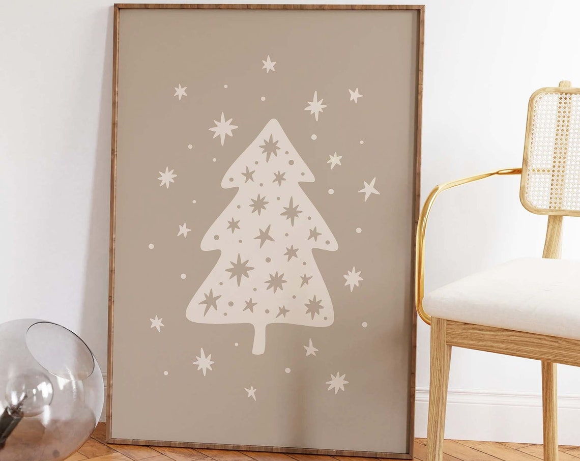 White Christmas Tree on Beige Cute Starry Neutral Holiday Poster