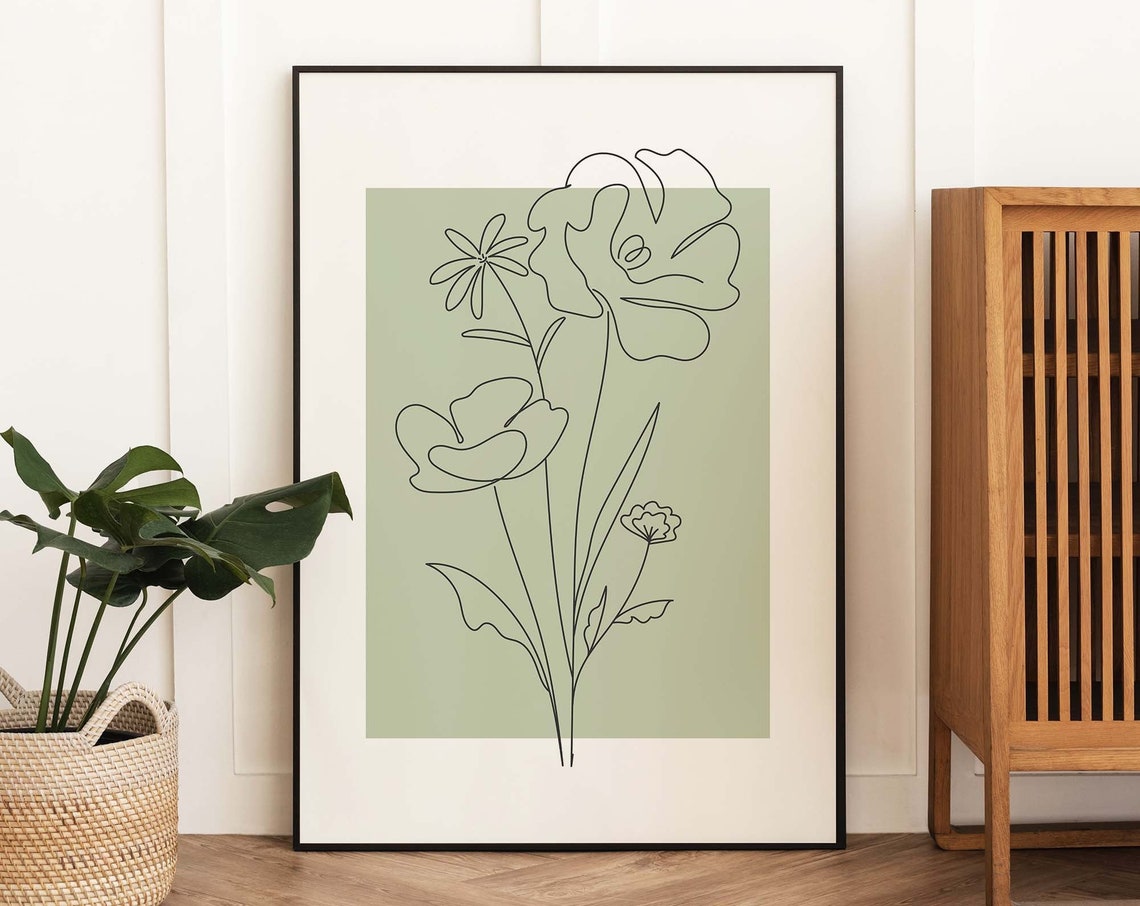 Sage Green Line Art Poppy Flowers Modern Botanical Wall Decor Poster
