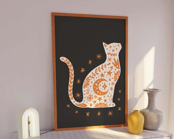White Orange Celestial Cat Black Background Fall Halloween Poster
