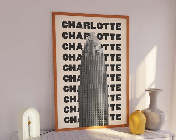 Charlotte Travel Print Art Black And White Neutral Charlotte North Carolina Travel Print Cute Trendy Wall Art