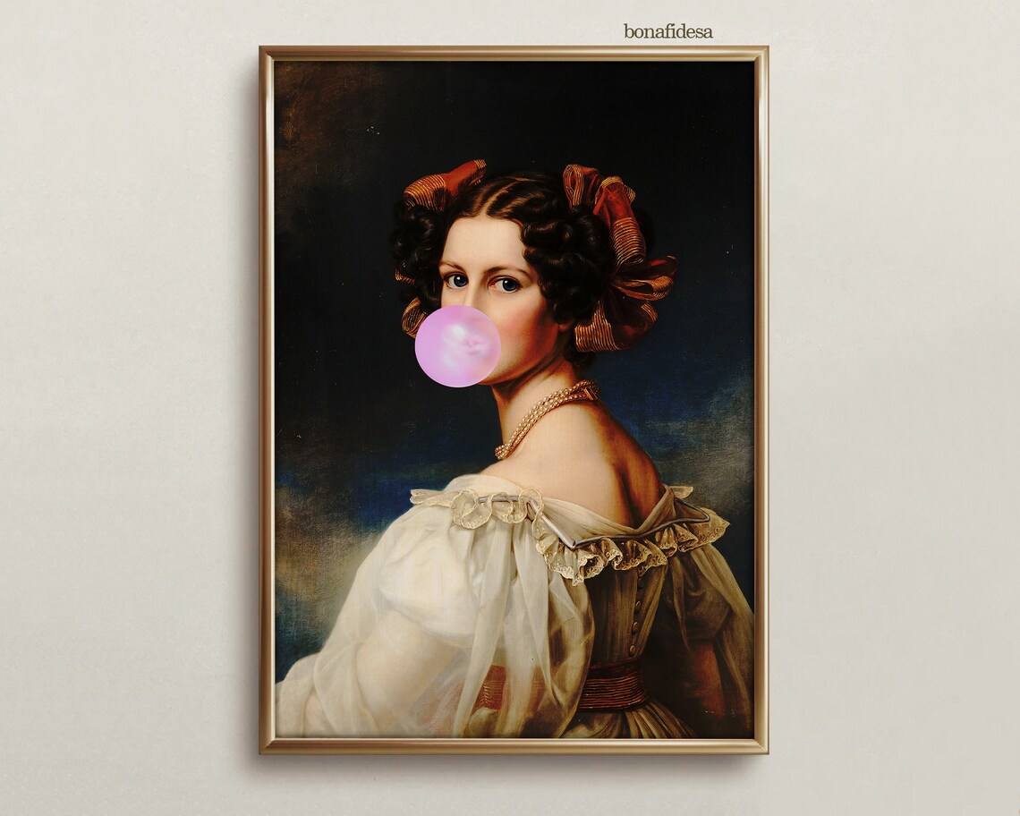 Altered Vintage Woman Portrait Pink Bubblegum Bubble Red Bows Quirky Poster
