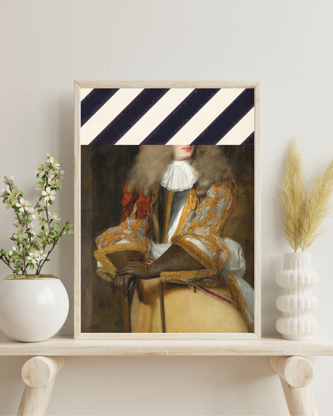 Baroque Portrait with Navy Stripes Modern Geometric Altered Art Poster