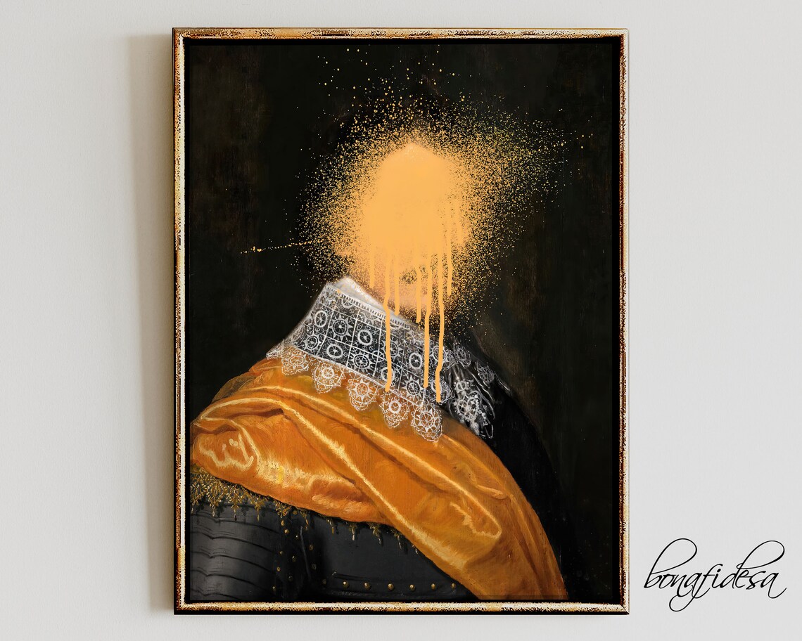 Faceless Renaissance Portrait Altered Art Gold Paint Splatter Moody Print