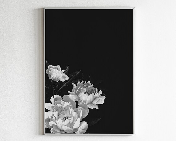Peonies Wall Art Prints Dark Moody Floral Peony Print Instant Black And White Flower Still Life Photo