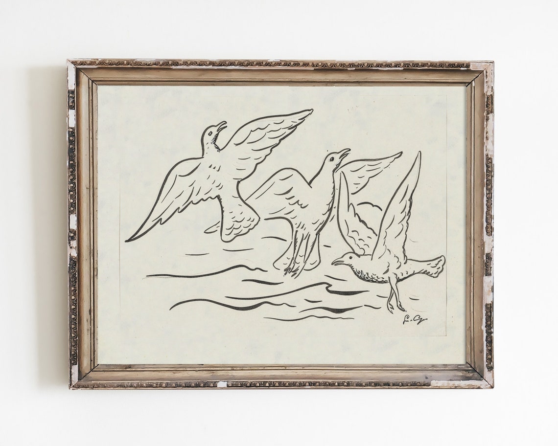 Vintage Ink Sketch of Three Seagulls Over Waves Minimalist Bird Poster
