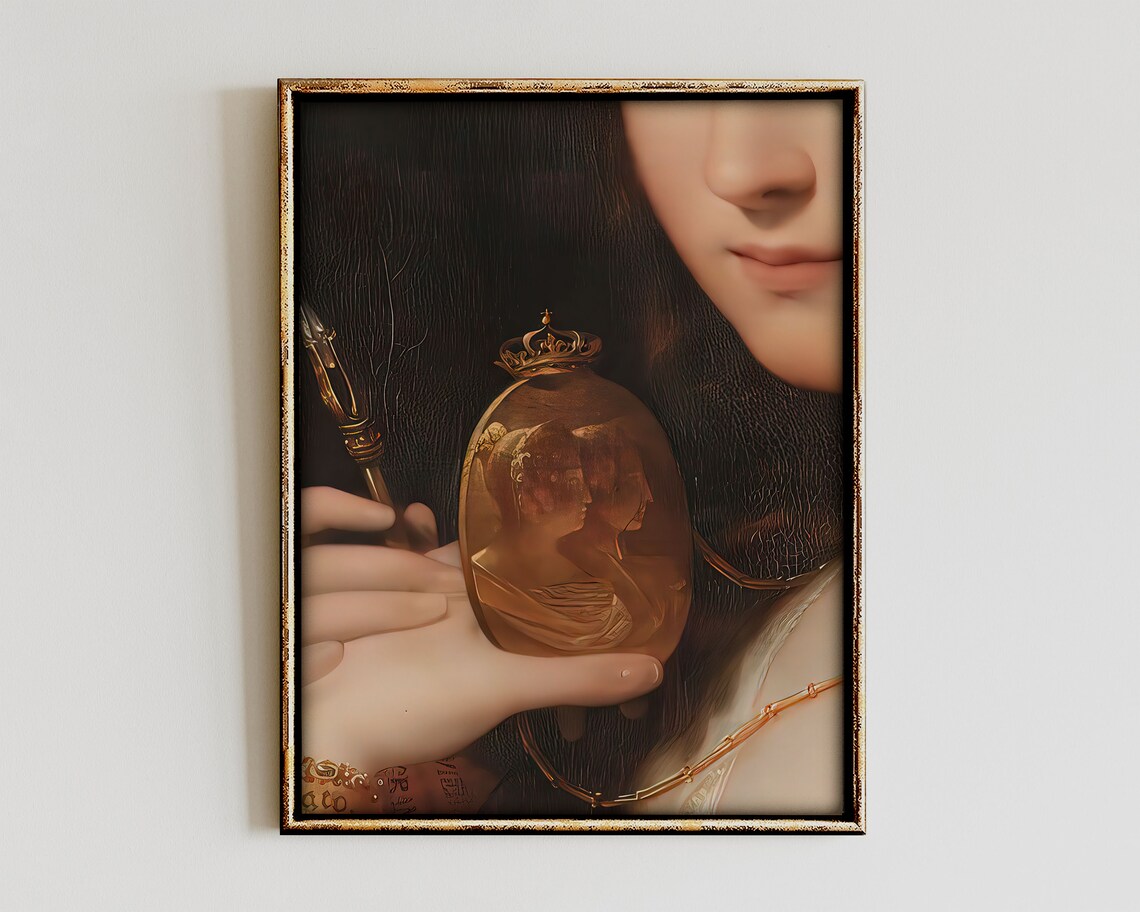 Woman Holding Gold Cameo Portrait Dark Baroque Painting Detail Wall Art
