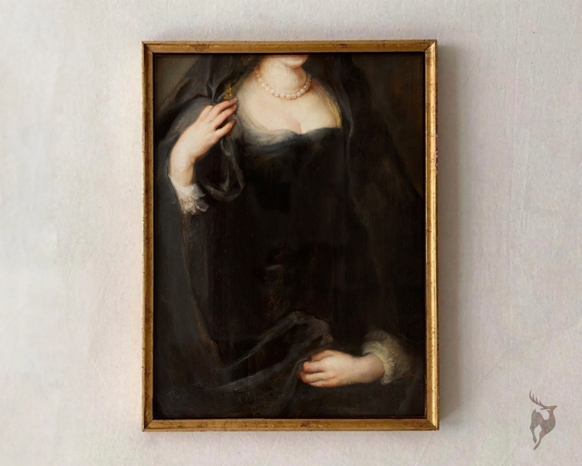 Moody Dark Academia Altered Portrait Woman Black Gown Pearls Wall Art