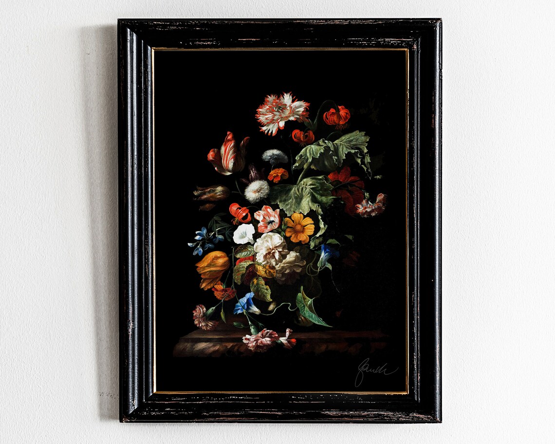 Dark Floral Bouquet Still Life Vintage Oil Art Print