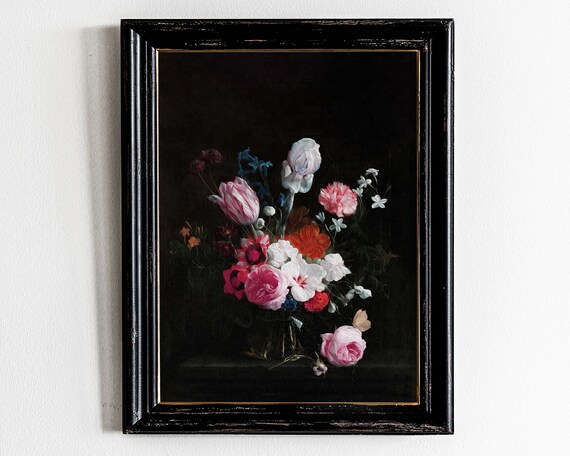 Dark Dutch Floral Bouquet Black Background Vintage Still Life Print