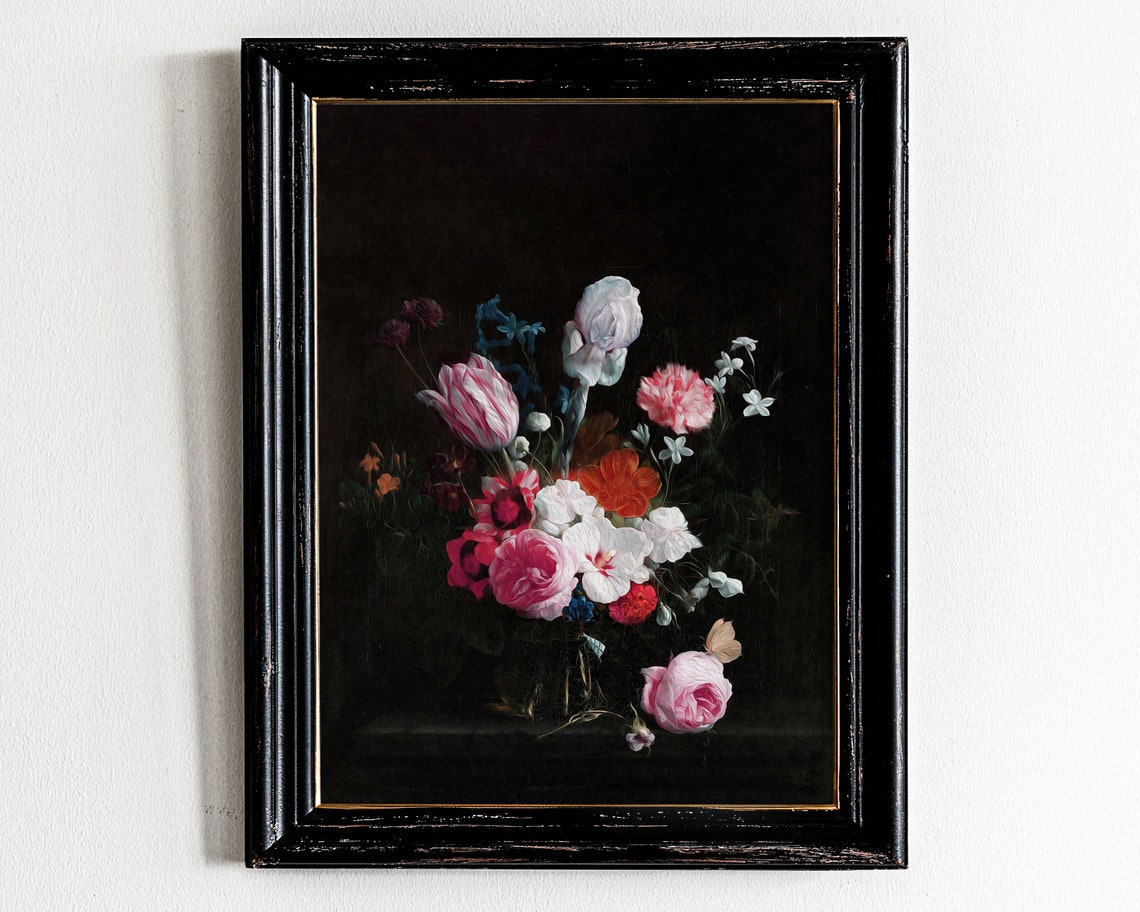 Dark Dutch Floral Bouquet Black Background Vintage Still Life Print