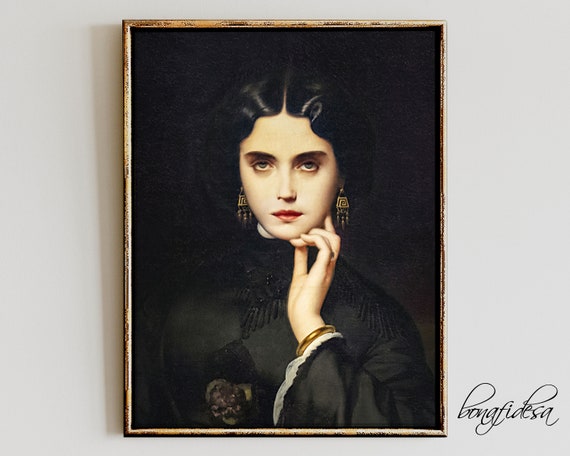 Enigmatic Dark Haired Victorian Woman Portrait Moody Oil Painting Poster