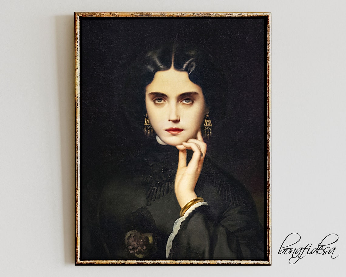Enigmatic Dark Haired Victorian Woman Portrait Moody Oil Painting Poster