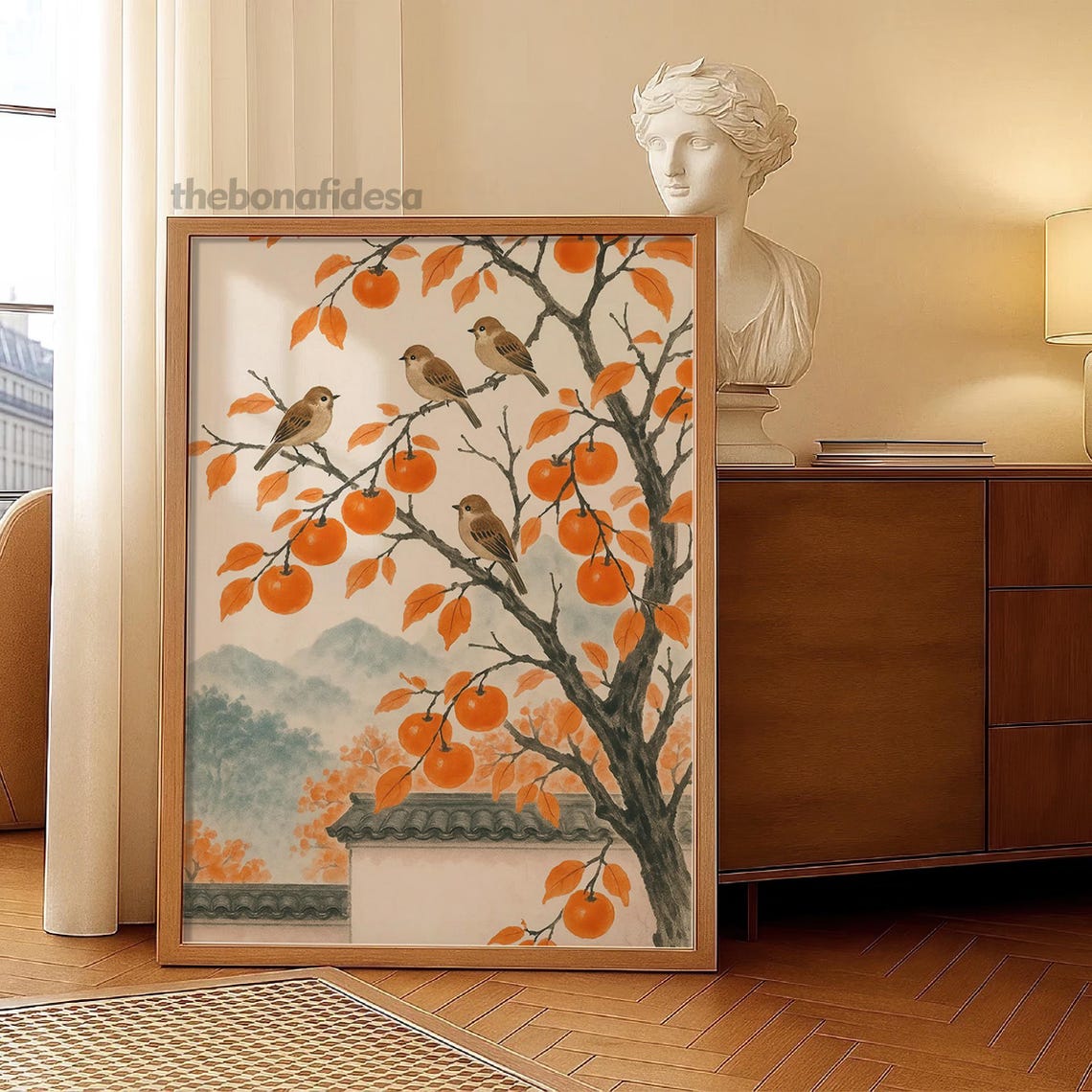 Japanese Persimmon Tree Birds Orange Foliage Watercolor Poster