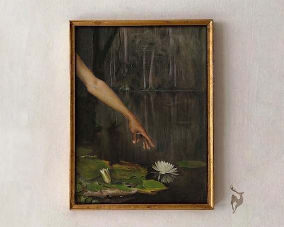 Hand Touching Water Lily on Dark Pond Moody Vintage Oil Art Poster
