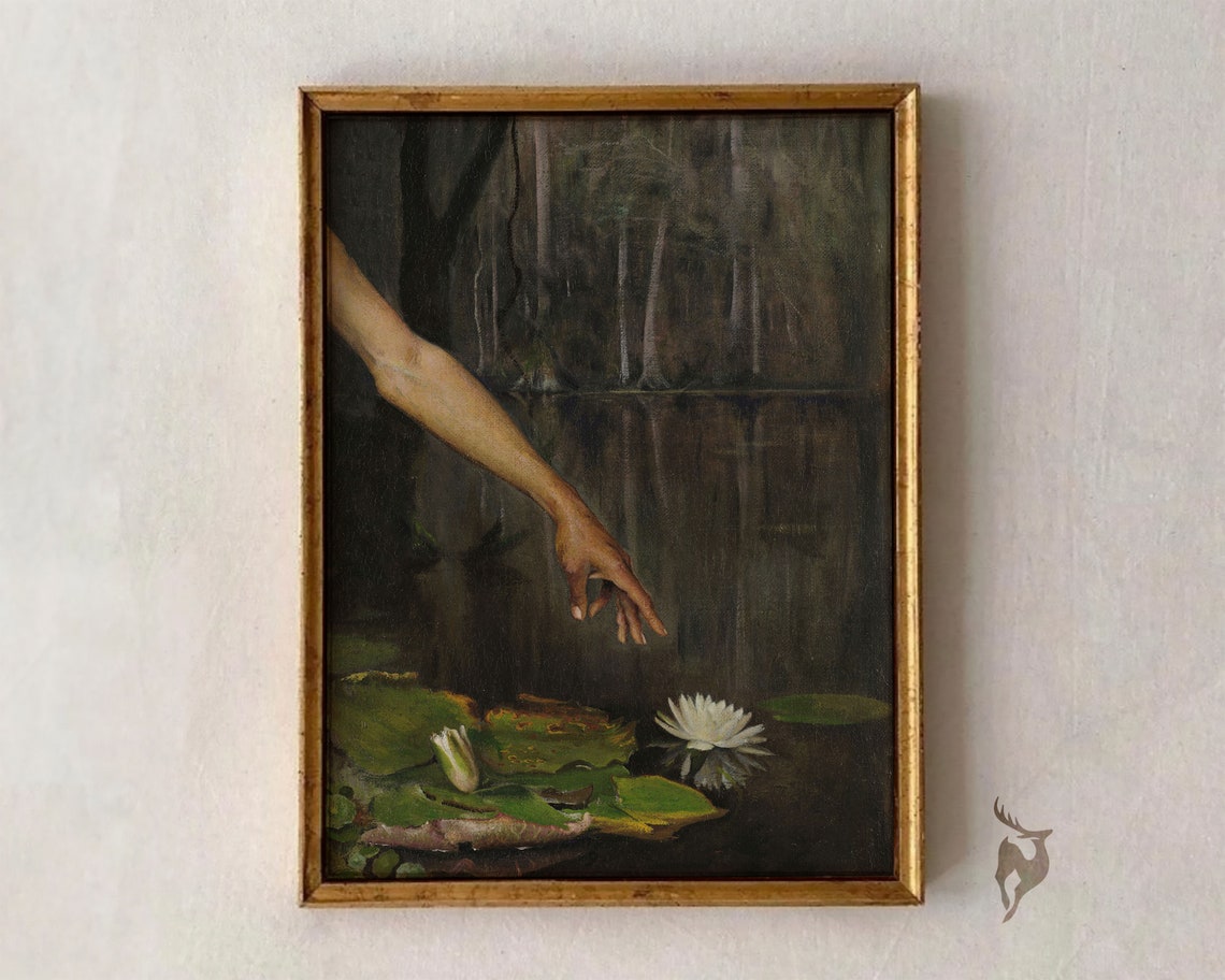 Hand Touching Water Lily on Dark Pond Moody Vintage Oil Art Poster