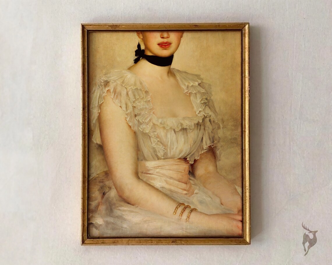 Altered Baroque Portrait Woman White Ruffle Dress Black Choker Wall Art