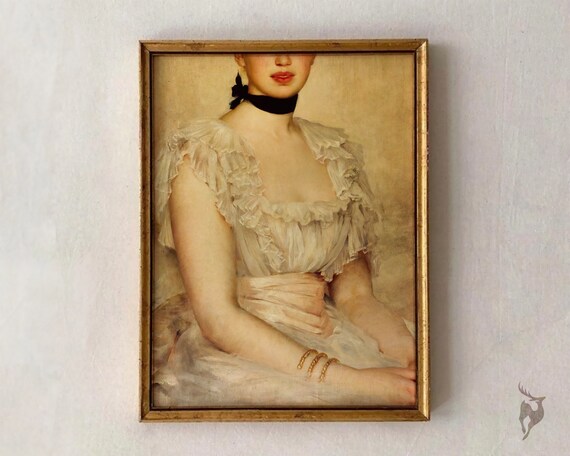 Altered Baroque Portrait Woman White Ruffle Dress Black Choker Wall Art