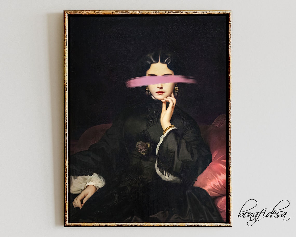 Victorian Lady Portrait with Pink Paint Stroke Altered Art Poster