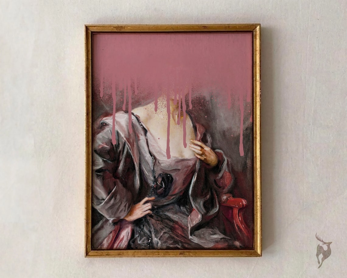 Baroque Woman Portrait Pink Paint Drip Altered Art Surreal Poster