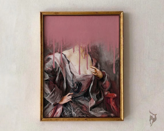 Baroque Woman Portrait Pink Paint Drip Altered Art Surreal Poster