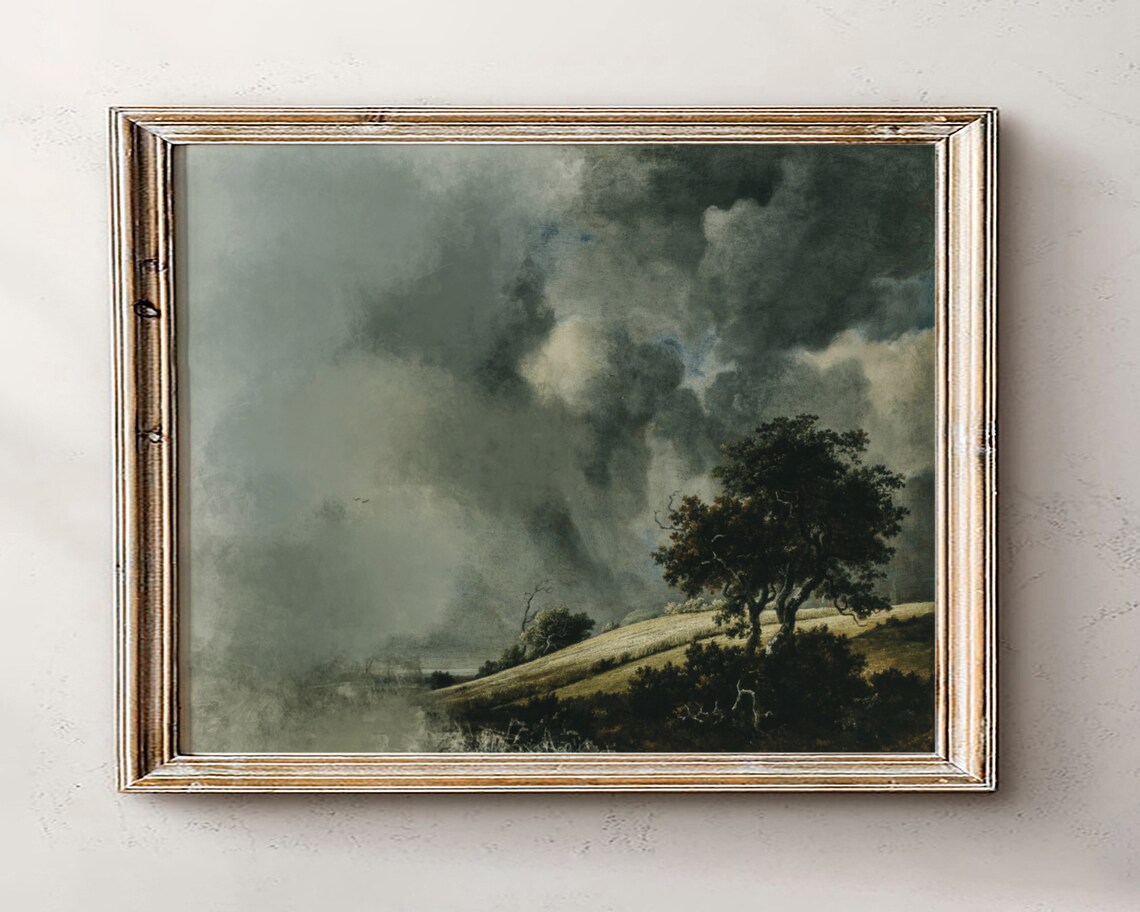 Surreal Landscape Oil Painting, Vintage Hill Collage
