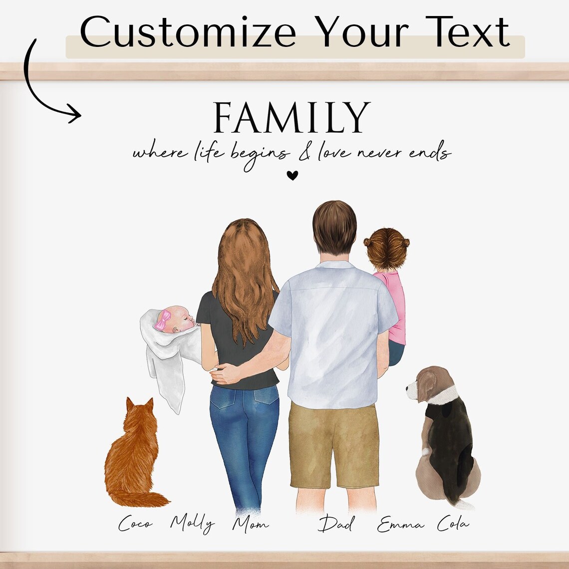 Personalized Family Portrait For Mothers Day Custom Family Wall Art With Baby Pet Birthday Gift For Husband Dad Mom And Newborn Illustration
