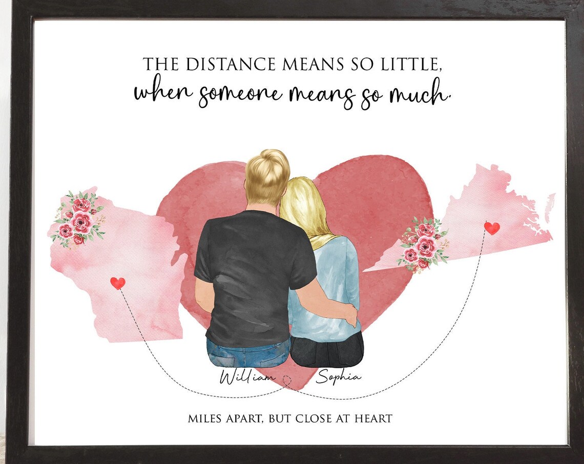 Long Distance Couple Custom State Map Miles Apart Close At Heart Print