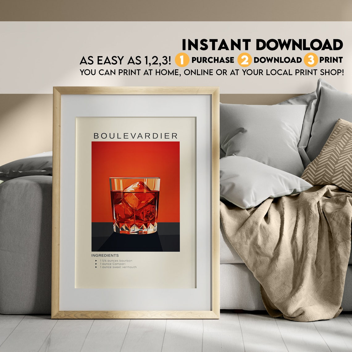 Boulevardier Bourbon Campari Cocktail Recipe Bar Cart Poster - Image 3
