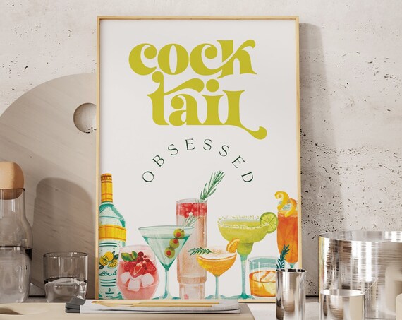 Cocktail Obsessed Retro Watercolor Martini Bar Cart Art Poster