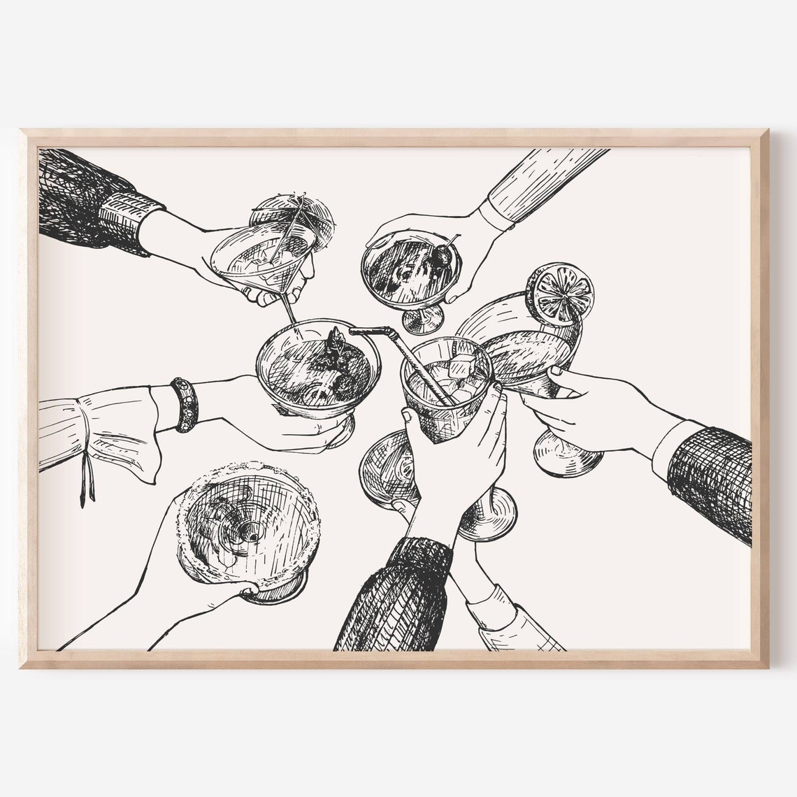 Raised Cocktail Glasses Toast Black White Bar Illustration Poster - Image 2