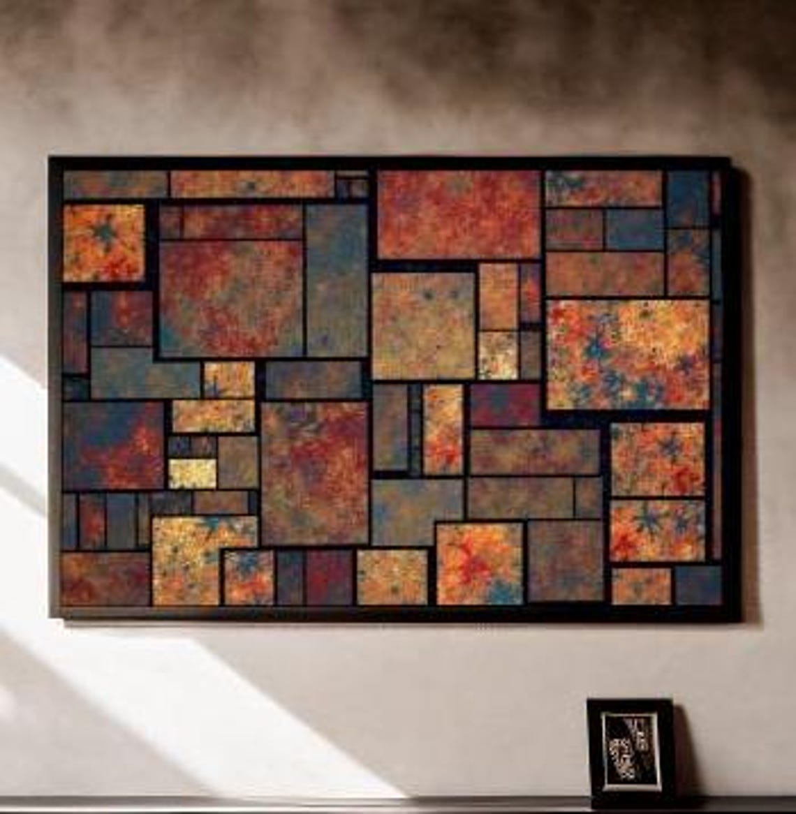 Rust Orange and Blue Geometric Mosaic Squares Modern Abstract Poster
