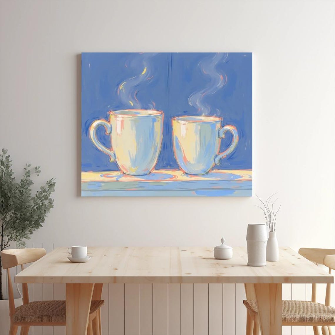 Two Steaming Mugs Deep Blue Night Background Cozy Coffee Lover Poster