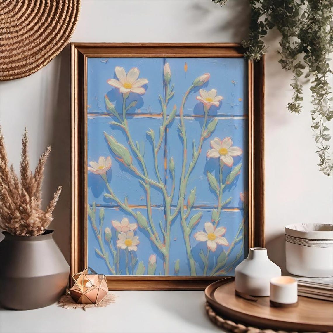 White Wildflowers on Blue Grid Background Modern Botanical Poster