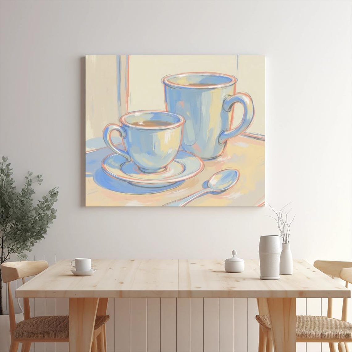 Pale Blue Teacup Saucer Tall Mug and Spoon Pastel Kitchen Art Poster