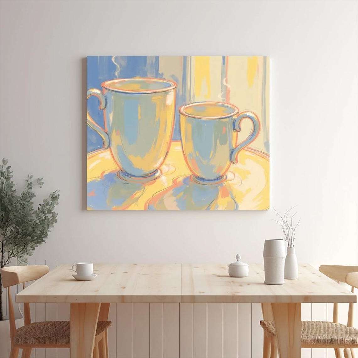 Two Pastel Coffee Mugs Yellow Table Blue Yellow Kitchen Decor Poster