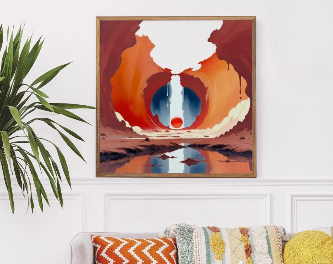 Red Sun Rising Through Canyon Arch Over Water Reflection Poster