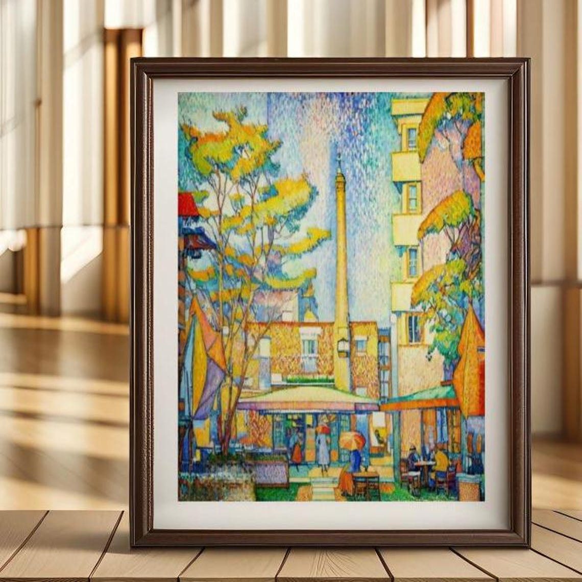 Colorful Pointillist Old Town Street With Busy Cafe Scene Poster
