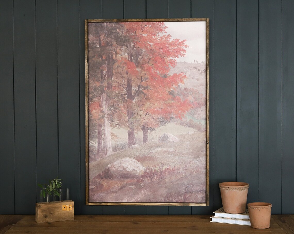 Vintage Autumn Fall Landscape Red Maple Trees Painting Sign Poster