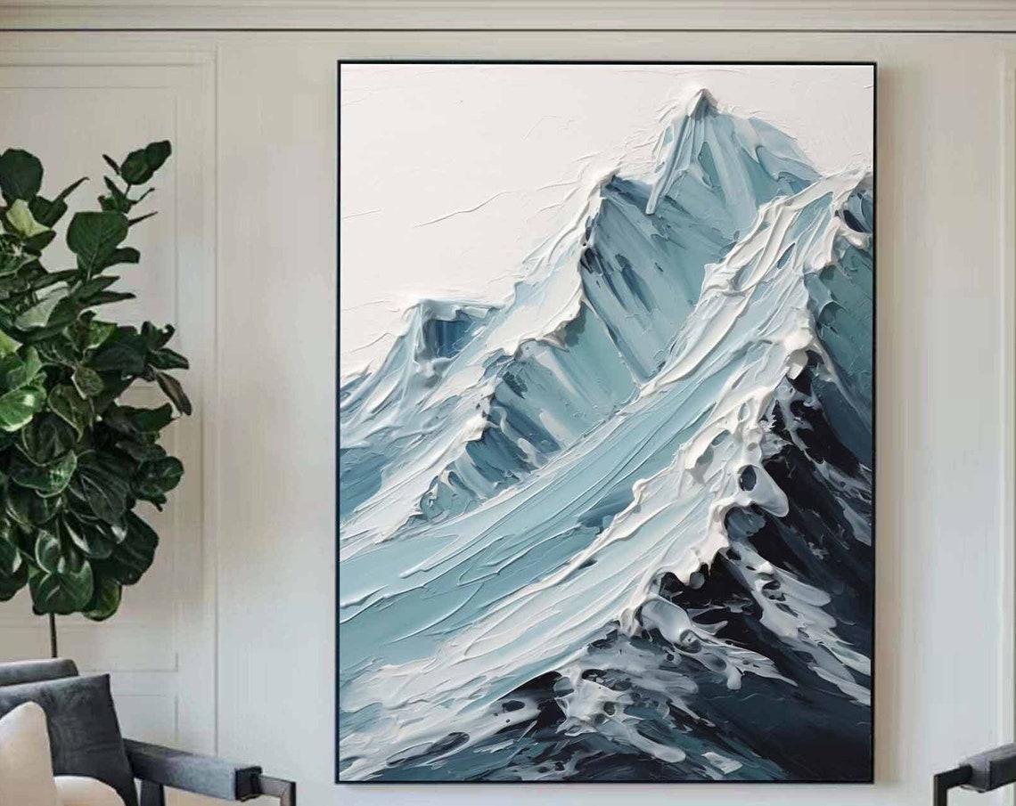 Large Snow Mountain Wall Art Blue Abstract Mountain Painting Blue White Texture Wall Art Modern Landscape 3d Texture Painting On