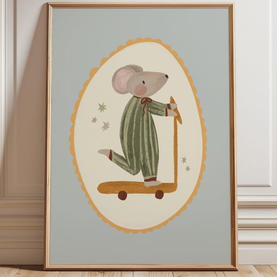 Mouse Scooter Print Retro Nursery Wall Art New Baby Room Minimalist Toddler Rom Whimsical Animal For Kids