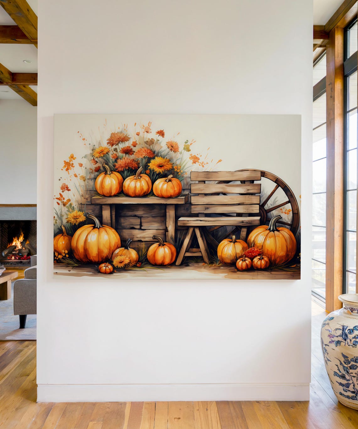 Autumn Pumpkins Wagon Wheel Bench Rustic Farmhouse Fall Decor Poster