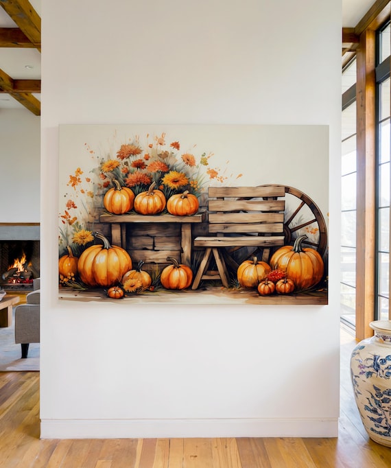 Autumn Pumpkins Wagon Wheel Bench Rustic Farmhouse Fall Decor Poster