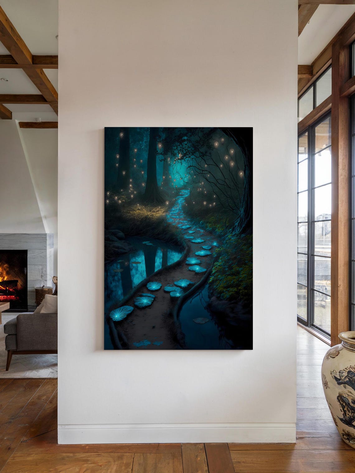 Enchanted Forest Blue Glowing Path Water Lily Stream Firefly Poster