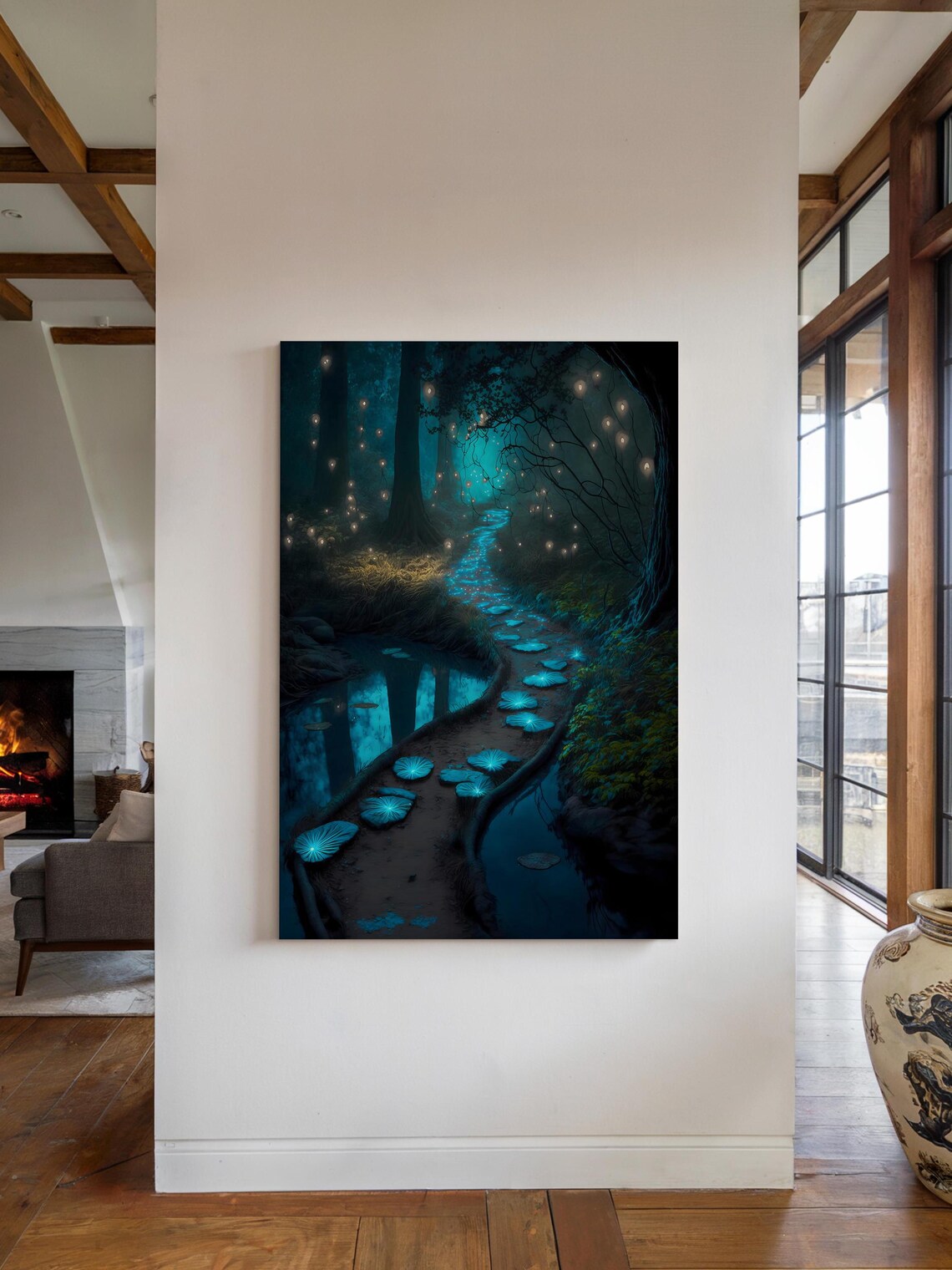 Enchanted Forest Path Wall Art Print Firefly Forest Wall Hanging Mystical Decor Magical Forest Art Fantasy Landscape Painting