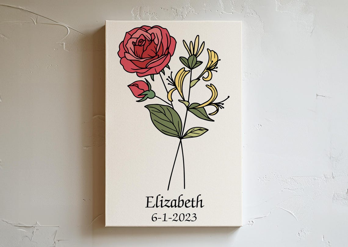 Personalized June Birth Flower Rose Honeysuckle Botanical Art Poster